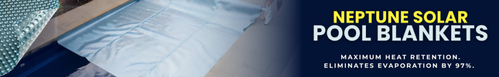Solar pool cover covering a swimming pool, with a close-up of its bubble layer